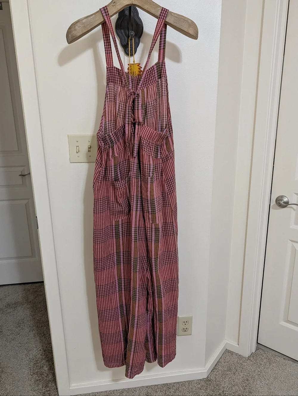 Natural Life Dakota Plaid Tie Overalls in Pink Plaid - Picture 5 of 5